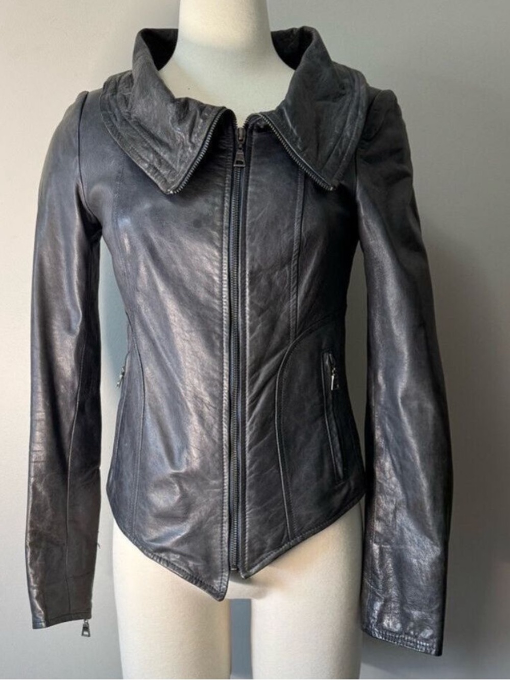 Danier Grayish Leather Jacket with Unique Collar May Fit XS-S